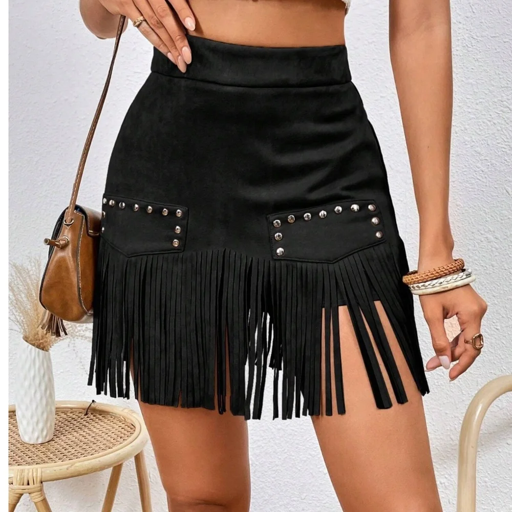 Western Fringe Hem Studded Mini Skirt - Picture 2 of 9